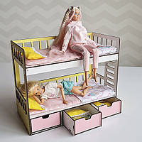 Двох'ярусне ліжко для Барбі NestWood з висувними ящиками рожево-жовта