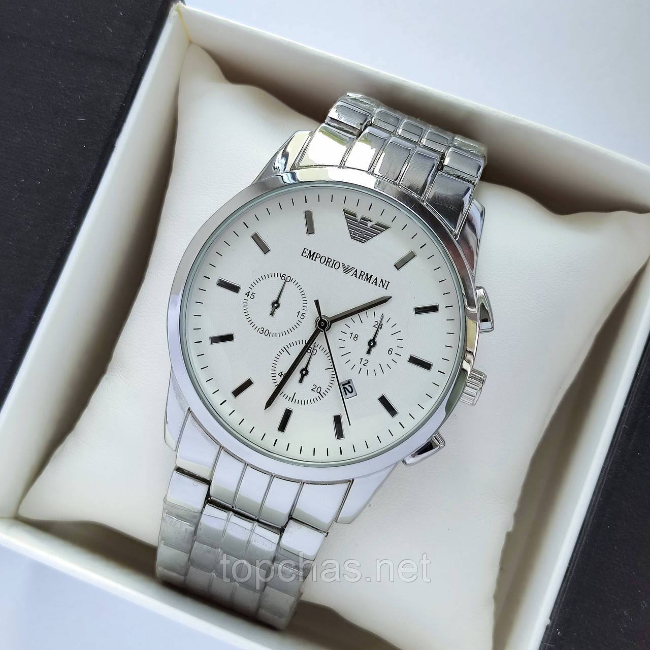 Чоловічий наручний годинник Armani (Армані) сріблястий з білим циферблатом, металевий браслет, - код 2178b