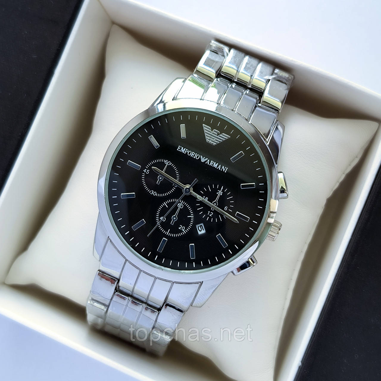 Чоловічий наручний годинник Armani (Армані) сріблястий з чорним циферблатом, металевий браслет, - код 2179b