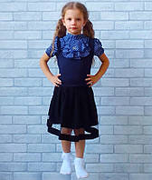 Блуза детская нарядная с жабо для школы темно синяя короткий рукав в горошек, детские рубашки школьные