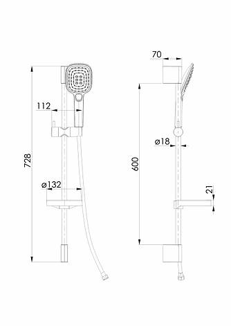 CASCADA B55 гарнітур душовий, лійка 100*247мм, 3 режими, штанга 72 см, шланг PVC 150см, мильниця, de la noche, фото 2