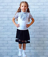 Ошатна дитяча блуза з жабо для школи біла короткий рукав у горошок, дитячі сорочки шкільні