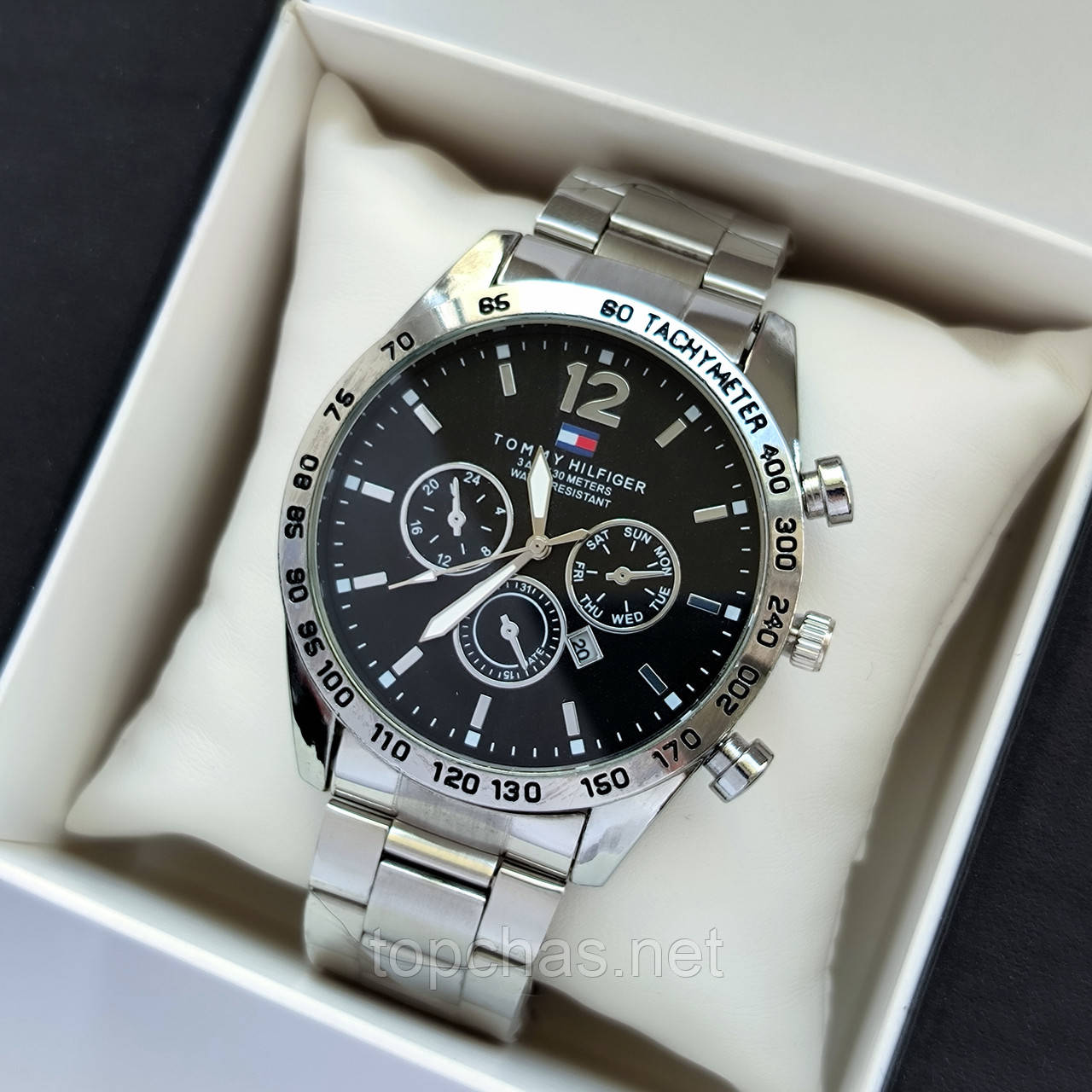 Сріблястий чоловічий наручний годинник Tommy Hilfiger (Хілфігер) чорний циферблат, дата - код 2185b