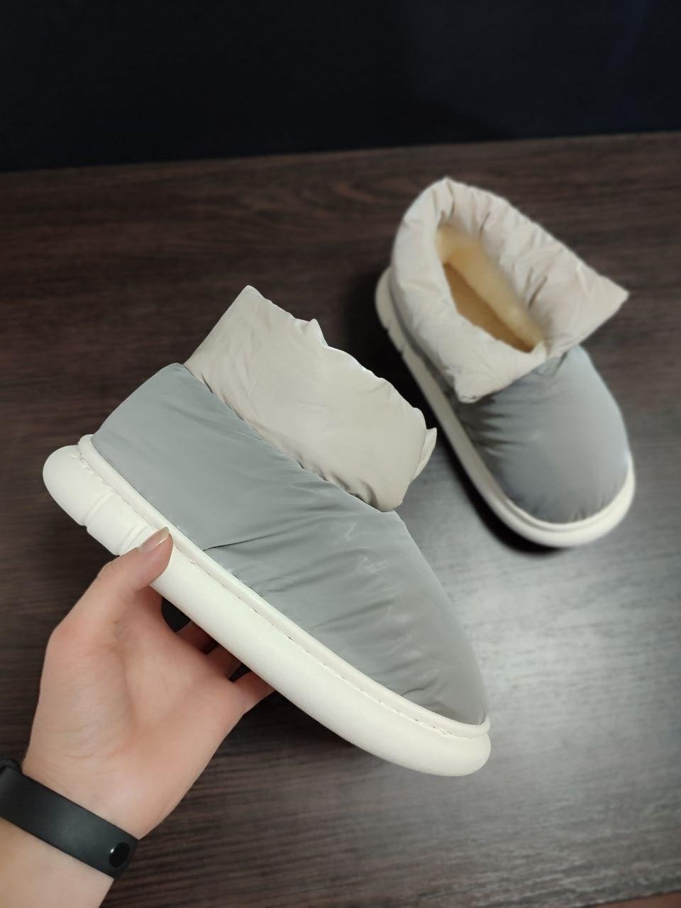 Дутики GREY світло СІРІ високі з манжетом на білій підошві жіночі без застібки непромокальні