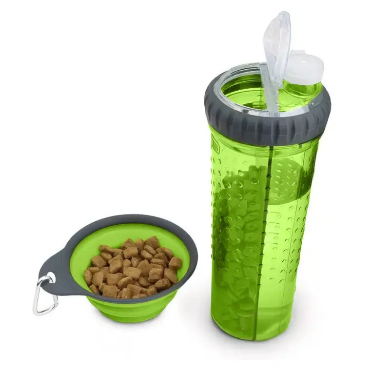 Пляшка для тварин RIAS Snack-Duo для води та корму зі складаною мискою Green (3_03743)
