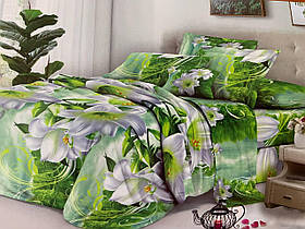 Комплект постільної білизни Бязь Зелений з квітами Полуторний розмір 150х220