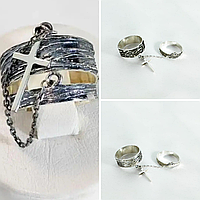 Женское серебряное двойное кольцо с цепочкой и крестиком