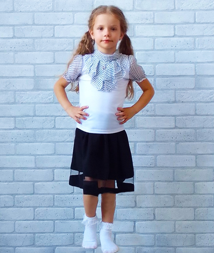 Біла шкільна блузка на дівчинку з коротким рукавом, дитяча блуза-сорочка з жабо