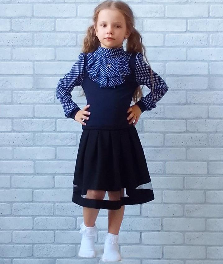 Синя блузка на дівчинку для школи з довгим рукавом, дитяча сорочка шкільна в білий горошок із жабо