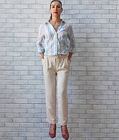 Модные женские брюки ОПТ с карманами пояс на резинке беж, классические брюки женские лен от р.48 до р.58