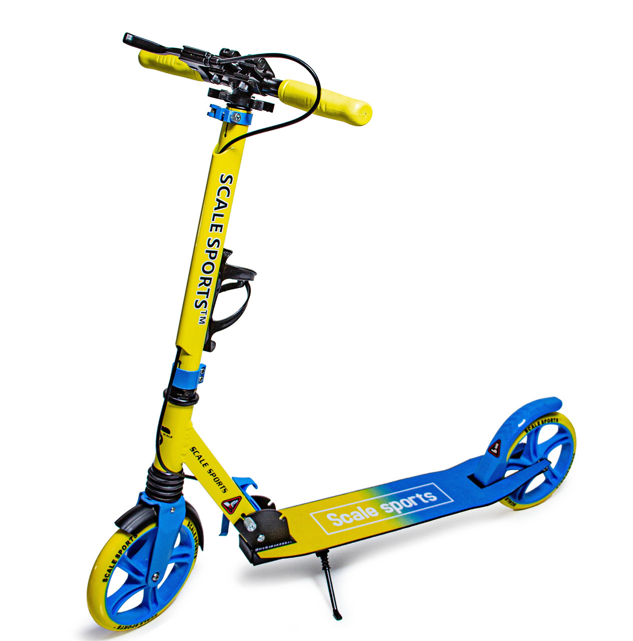Дитячий самокат з ручним гальмом, ліхтариком та дзвіночком Scale Sports SS-08. Жовто-блакитний, фото 1