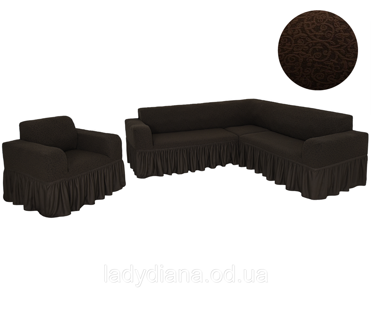 Чохол на кутовий диван та крісло 1 жакардовий з оборкою, натяжний, універсальний, коричневий, Venera