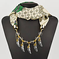 Шарф жіночий No21 бежевий з візерунками тканина поліестер із різними типами намистин і елементами розмір 147х14 см