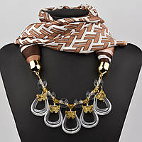 Шарф жіночий No3 білий із малюнками тканина поліестер із різними типами намистин і елементами розмір 147х14 см