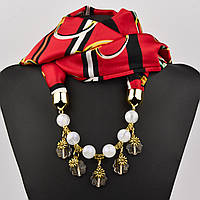 Шарф жіночий No11 червоний із візерунками тканина поліестер із різними типами намистин і елементами розмір 147х14 см