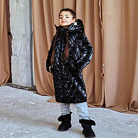 Дитяче, підліткове зимове стьобане пальто в чорному кольорі для дівчинки 116 см.