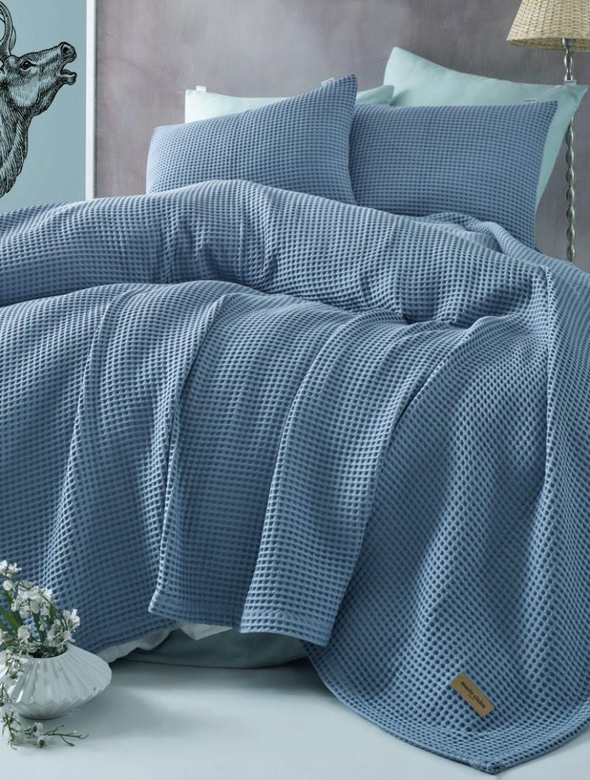 Покривало вафельне піке євро розмір 240 на 260 см з наволочками Marie Claire Туреччина блакитне, фото 1
