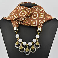 Шарф жіночий No9 коричневий із малюнками тканина поліестер із різними типами намистин і елементами розмір 147х14 см