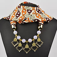 Шарф жіночий No12 бежевий з візерунками тканина поліестер із різними типами намистин і елементів розмір 147х14 см