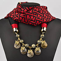 Шарф жіночий No15 червоний із візерунками тканина поліестер із різними типами намистин і елементами розмір 147х14 см