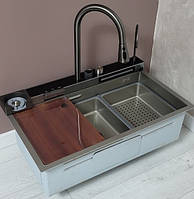 Мийка кухонна PVD сіра з неіржавкої сталі Platinum Handmade 75*45 см "ВодоспадD" + змішувач і кран