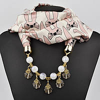 Шарф жіночий No29 бежевий із зайчиками тканина поліестер із різними типами намистин і елементами розмір 147х14 см