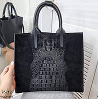 Сумка чорна замшева стильная повседневная сумка женская фурнитура никель большая сумка на молнии