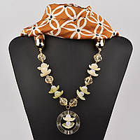 Шарф жіночий No16 жовтогарячий із квіточками тканина поліестер із різними типами намистин і елементами розмір 147х14 см