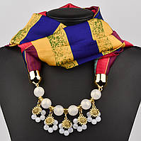 Шарф жіночий No32 різнобарвна тканина поліестер із різними типами намистин і різними елементами розмір 147х14 см