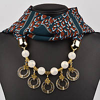 Шарф жіночий No35 триколірний плямистий тканина поліестер із різними типами намистин і елементами розмір 147х14 см