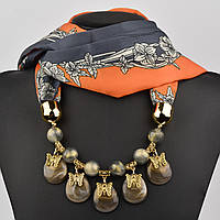 Шарф жіночий No45 двоколірний із квіточками тканина поліестер із різними типами намистин і елементами розмір 147х14 см