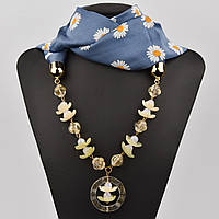 Шарф жіночий No33 блакитний із ромашками тканина поліестер із різними типами намистин і елементами розмір 147х14 см