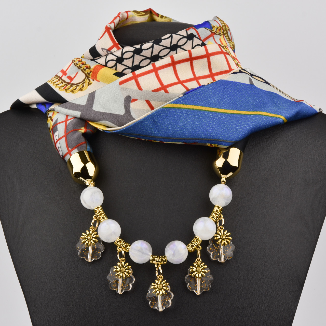 Шарф жіночий No46 різнобарвний із візерунками тканина поліестер із різними типами намистин і елементами розмір 147х14 см - фото 1 - id-p1931115438