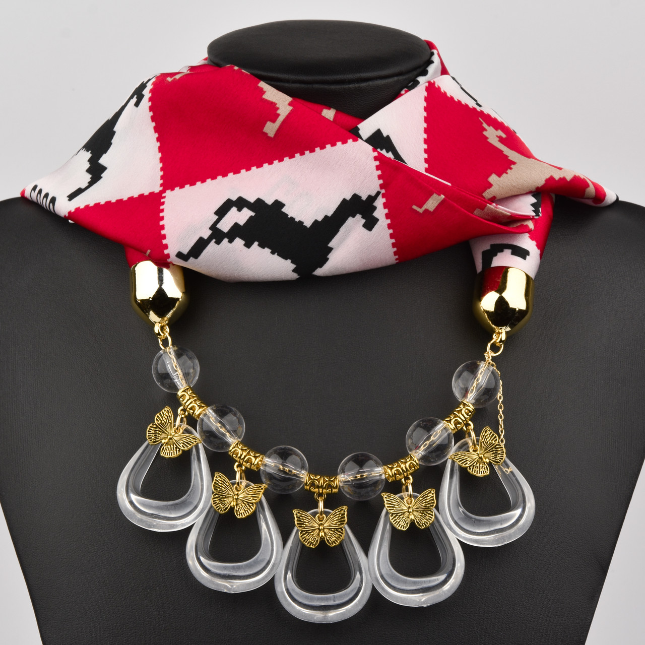 Шарф жіночий No42 двоколірний тканина поліестер із різними типами намистин і різними елементами розмір 147х14 см - фото 1 - id-p1931118879