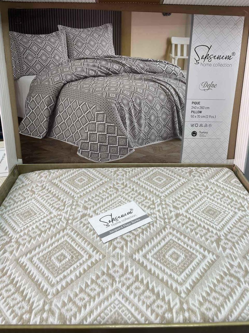 Покривала гобеленові 240х260 з наволочками, двостороннє покривало на ліжко та наволочки гобелен Бежевий, фото 1