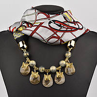 Шарф жіночий No7 сірий із візерунками тканина поліестер із різними типами намистин і різними елементами розмір 147х14 см