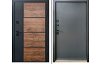 Вхідні Двері Qdoors, серія Стріт, модель Бонд, графіт пісок фарба/декор темне дерево + гладь антрацит пісок
