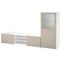 Комбинация на ТВ IKEA БЕСТО, Стеклянная дверь, белый синдвик, Лаппвикен светло-серый, бежевый, 240x42x129 см,