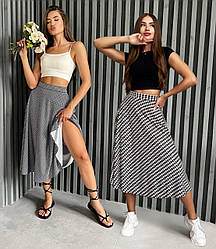 Жіноча спідниця міді трапеція модна трикотажна із завищеною талією, чорно-біла, розмір 42/44, 46/48