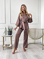 Идеальный женский домашний шелковый костюм рубашка+штаны 42-44; 46-48 розовый, мокко, баклажан, черный, белый