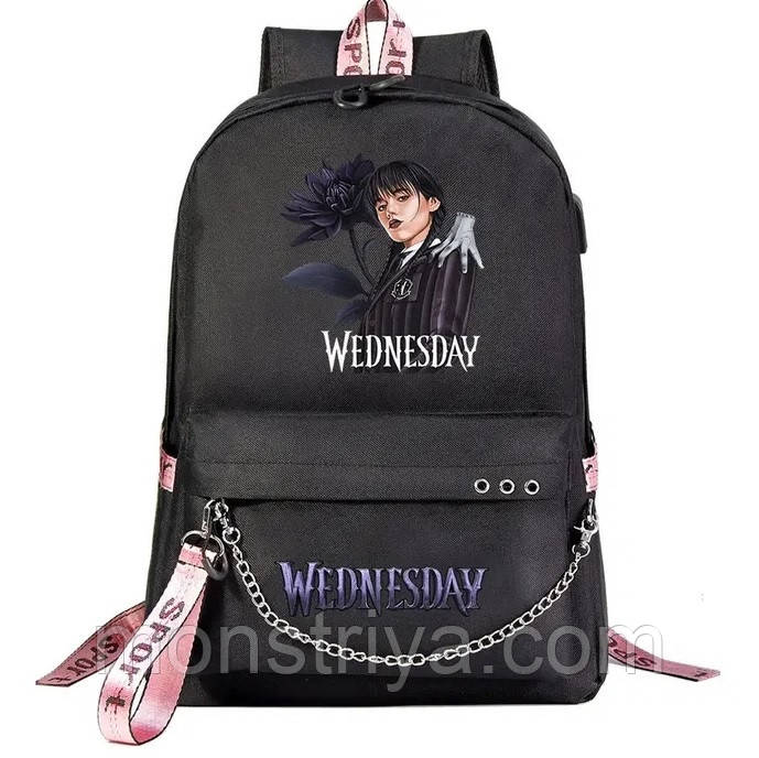 Рюкзак дитячий, підлітковий, шкільний Wednesday з Usb-зарядкою