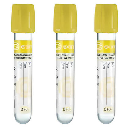 Пробірка вакуумна EximLab® з активатором згортання й роздільним гелем жовта кришка 8 мл 16х100 мм, фото 1