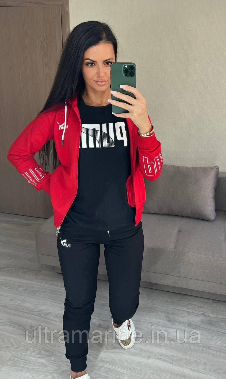 Спортивний жіночий костюм трійка Puma штани мастерка з футболкою чорний з червоним (Пума трикотаж Туреччина)