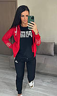 Спортивный женский костюм тройка Puma штаны мастерка с футболкой черный с красным (Пума трикотаж Турция)