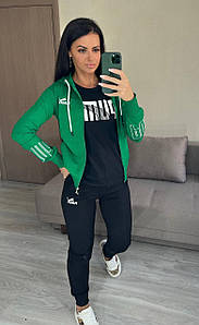 Спортивний жіночий костюм трійка Puma штани мастерка з футболкою чорний з зеленим (Пума трикотаж Туреччина)