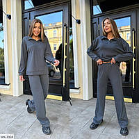 Костюм брючный повседневный женский стильный трикотажный в рубчик туника и широкие брюки размеры 42-48