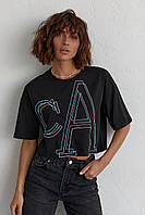 Укороченная женская футболка с вышитыми буквами - черный цвет, L/XL (есть размеры)