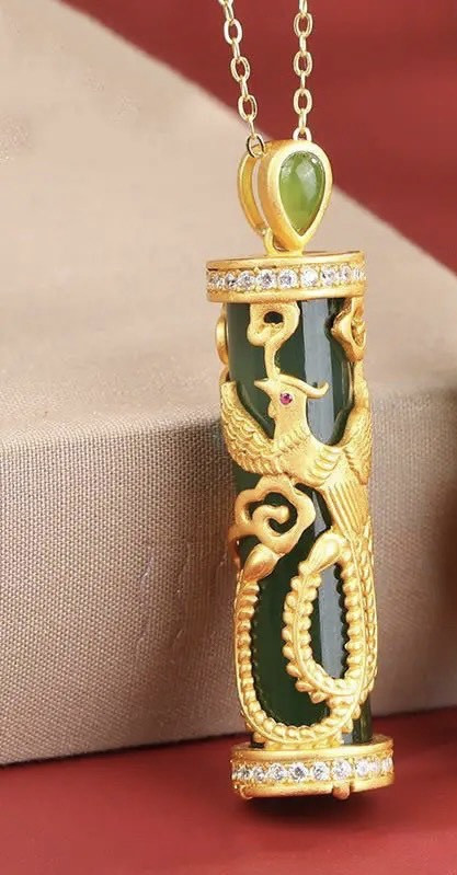 Золота підвіска Фенікс із нефритом і фіанітами для щастя, популярності, мудрості, процвітання та захисту, фото 1