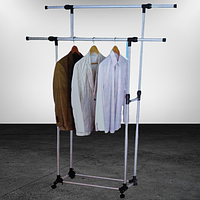 Телескопическая стойка-вешалка для одежды передвижная двойная на колесиках