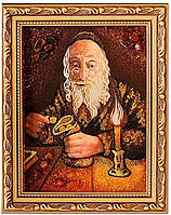 Картина "Еврей с монетами у свечи" из янтаря 20х30